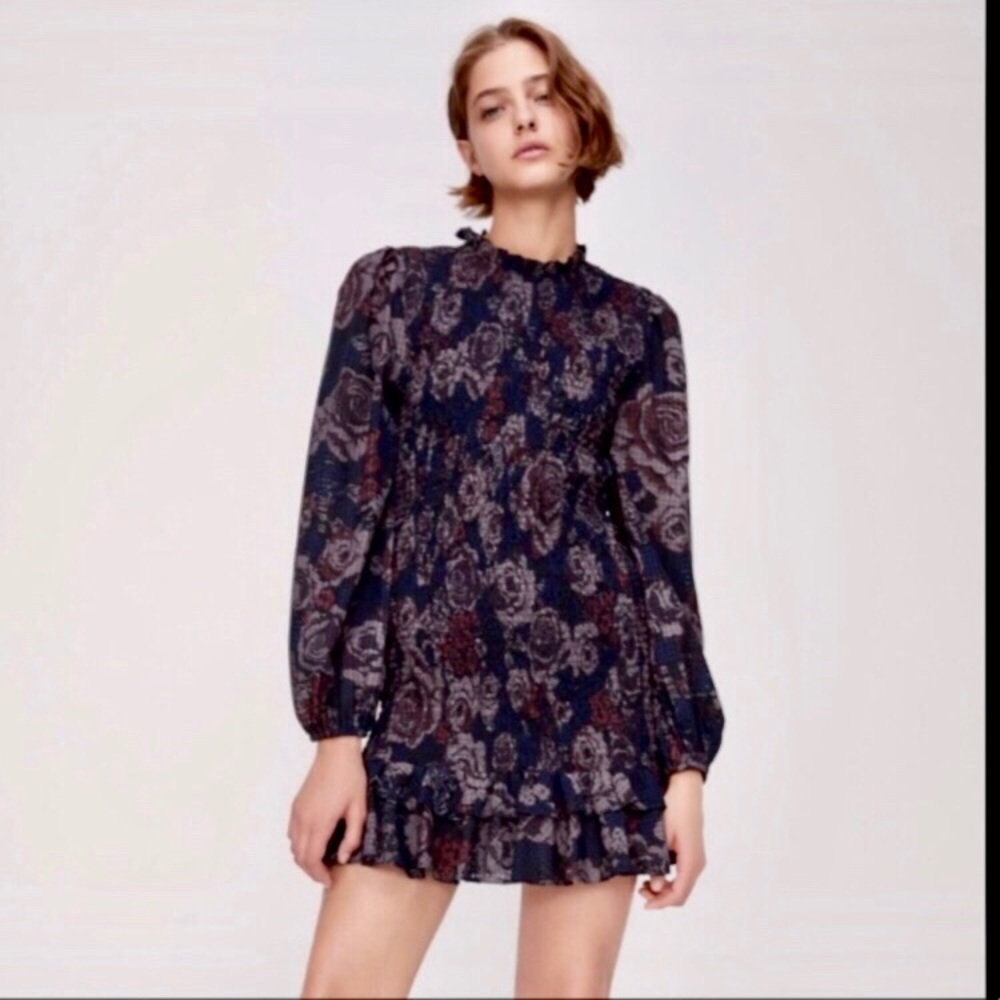 Zara puff sleeves Smocked Floral Print Ruffled Hem Mini Dress sz.XS - Picture 2 of 16